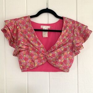 LoveShackFancy Womens Plunge Crop Top XS V-Neck Floral Hot Pink Flutter Sleeve
